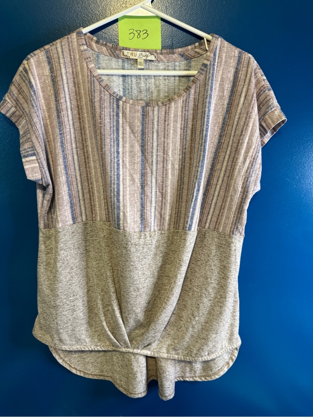 Heather Gray Short Sleeve Twist-Hem Tee with Striped Bodice